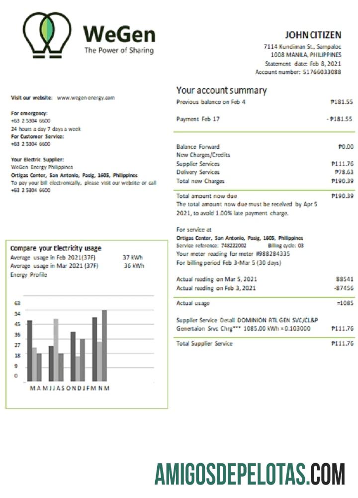 imprimível Modelo de conta de serviços públicos WeGen Energy Filipinas das Filipinas em formato Word e PDF